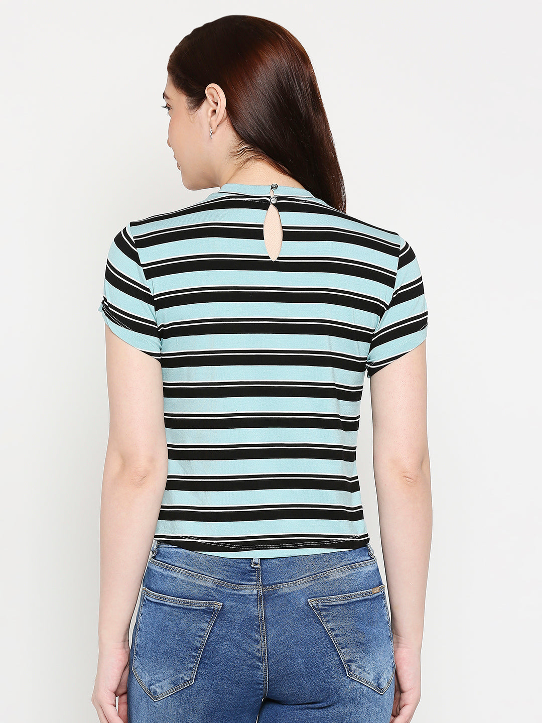 Women Aqua Black Crop Tees