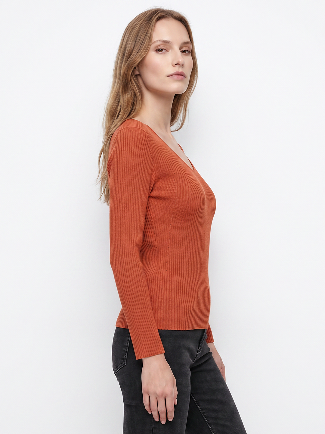 Women Burnt Orange Flat Knit
