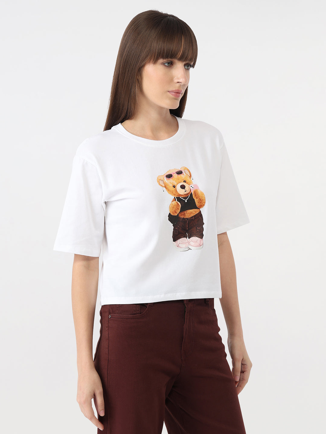 Women White Graphic Crop Slim T-Shirt