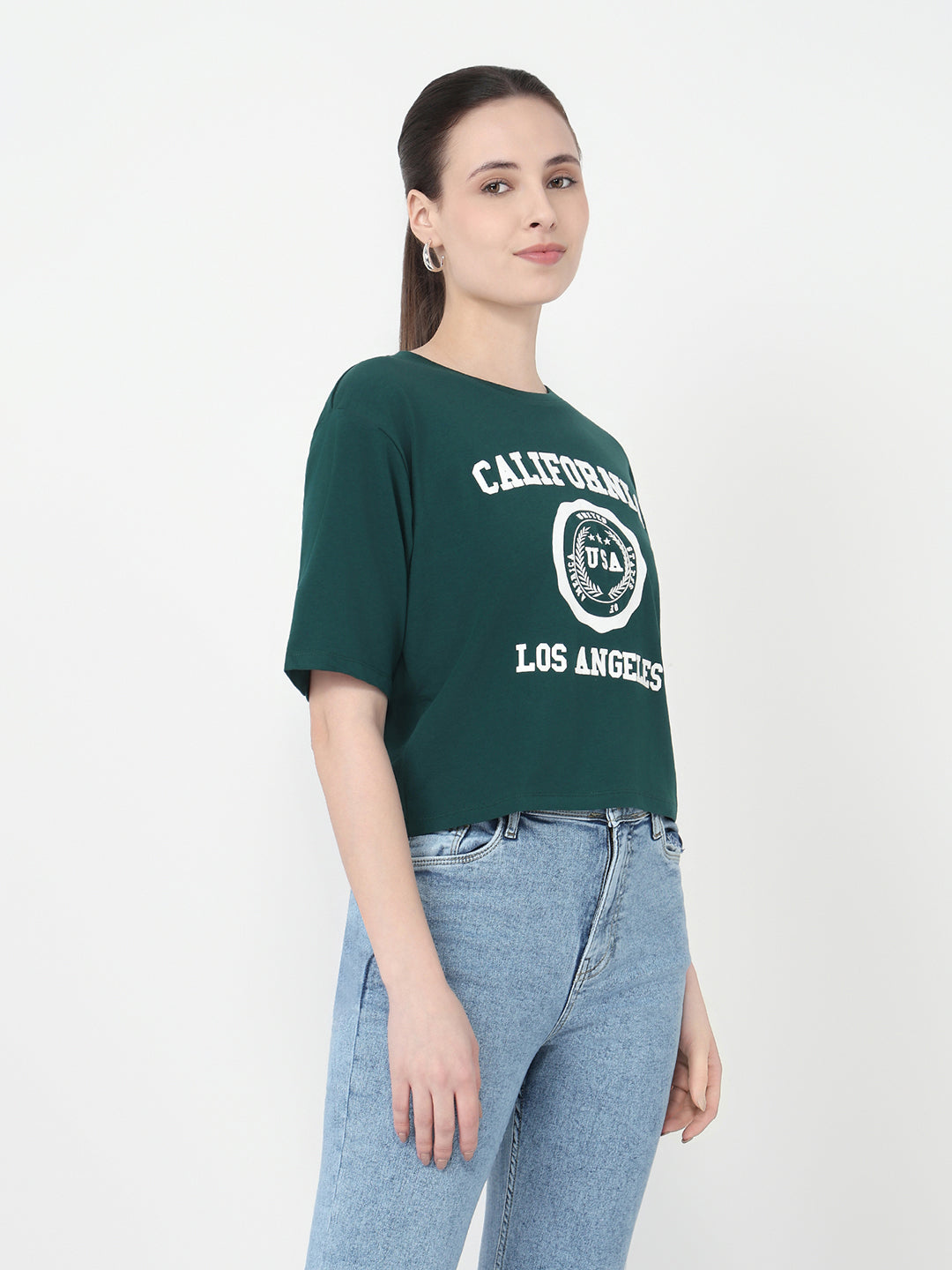 Women Bottle Green Slim Fit Graphic Crop T-Shirt