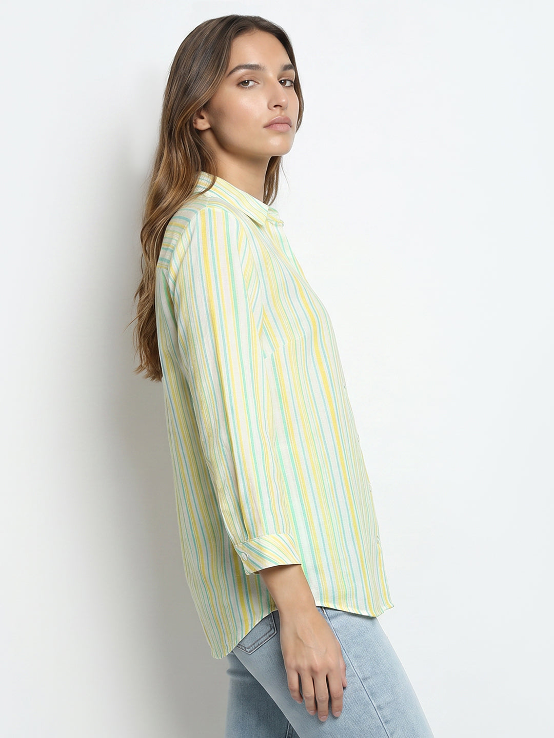 Women Yello Mint Striped Shirt