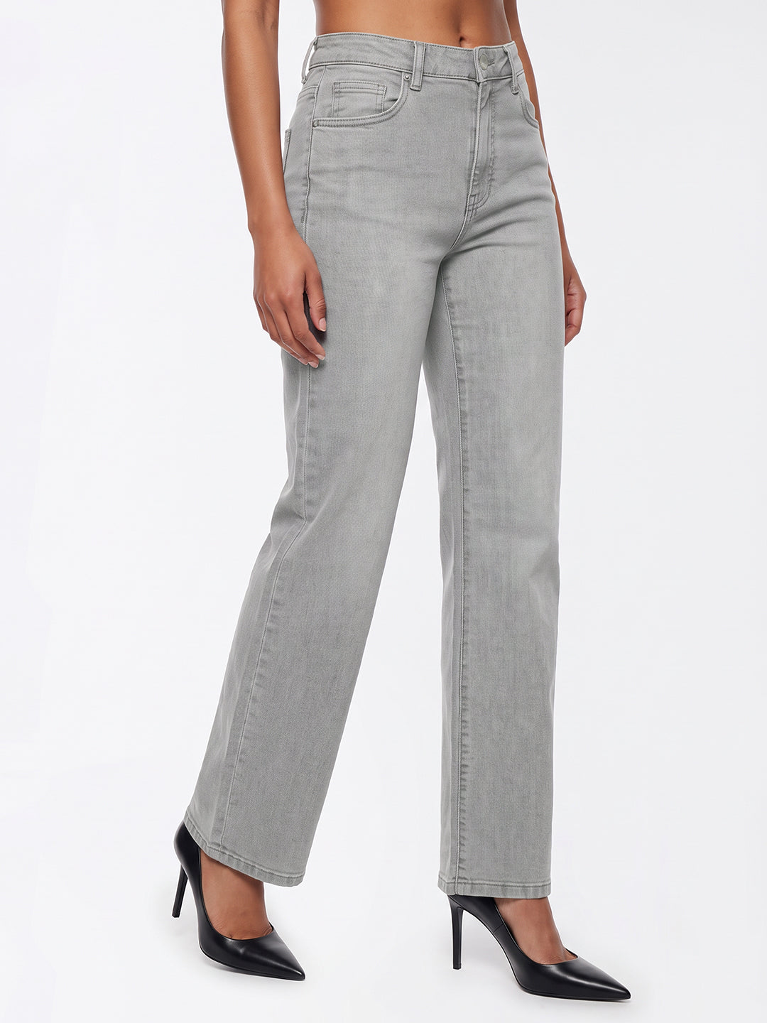 Light Grey High-Rise Straight Fit Jeans