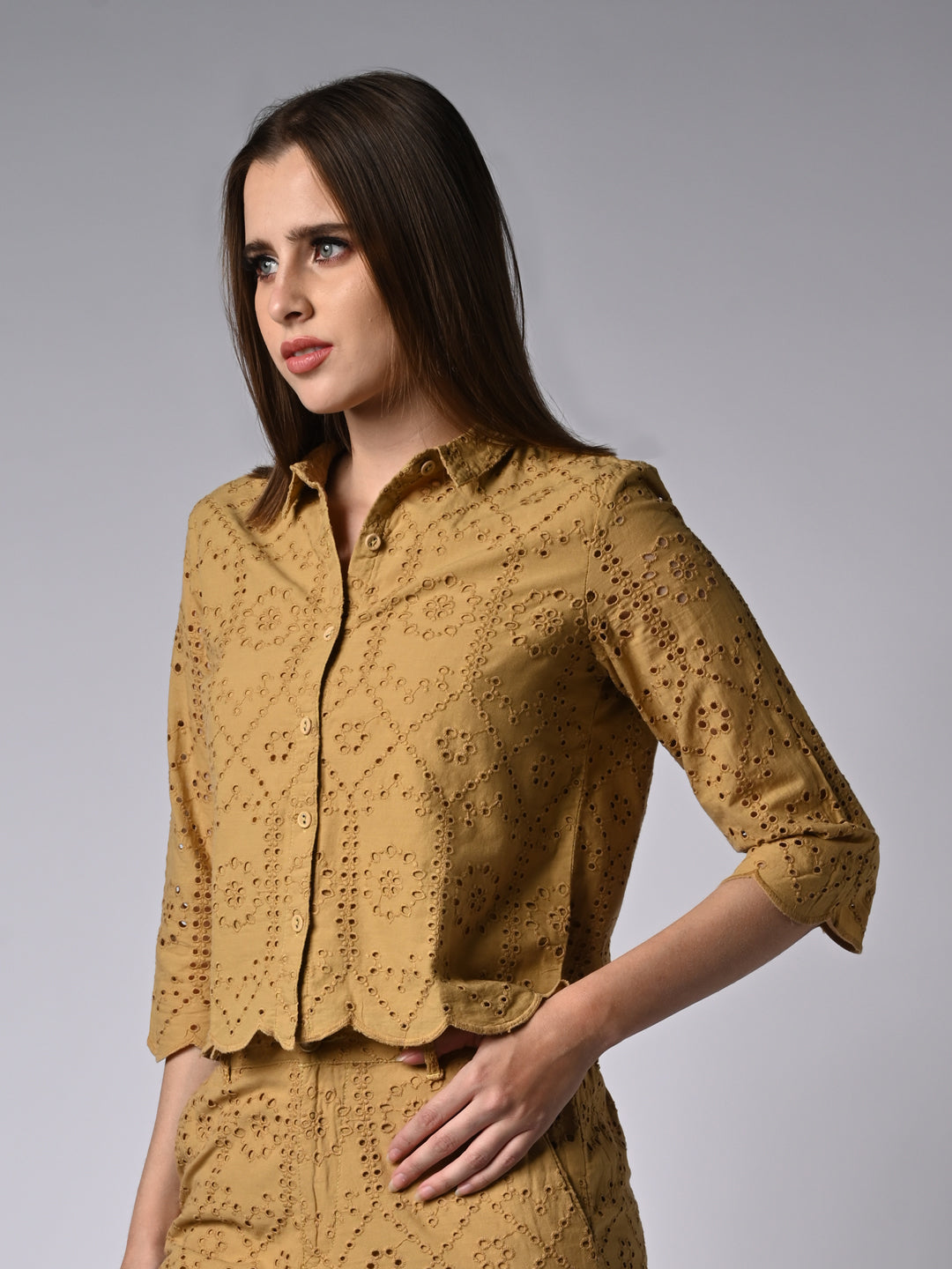 Women Self Design Mustard Shirt