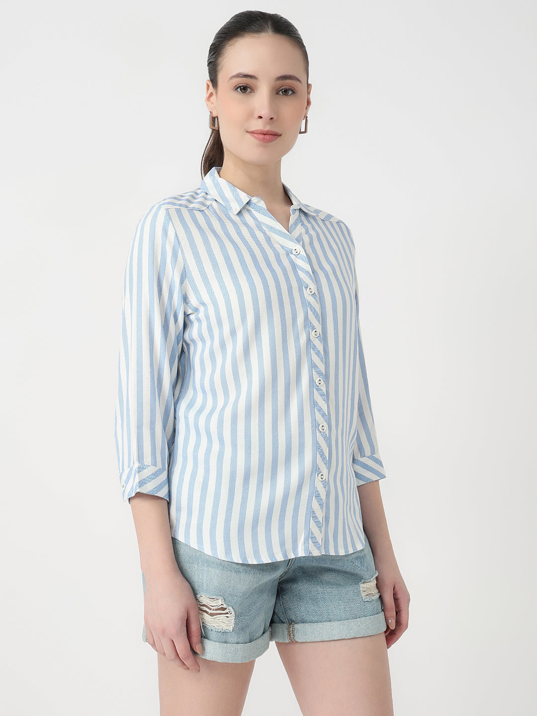 Women Sky/White Slim Fit Shirt