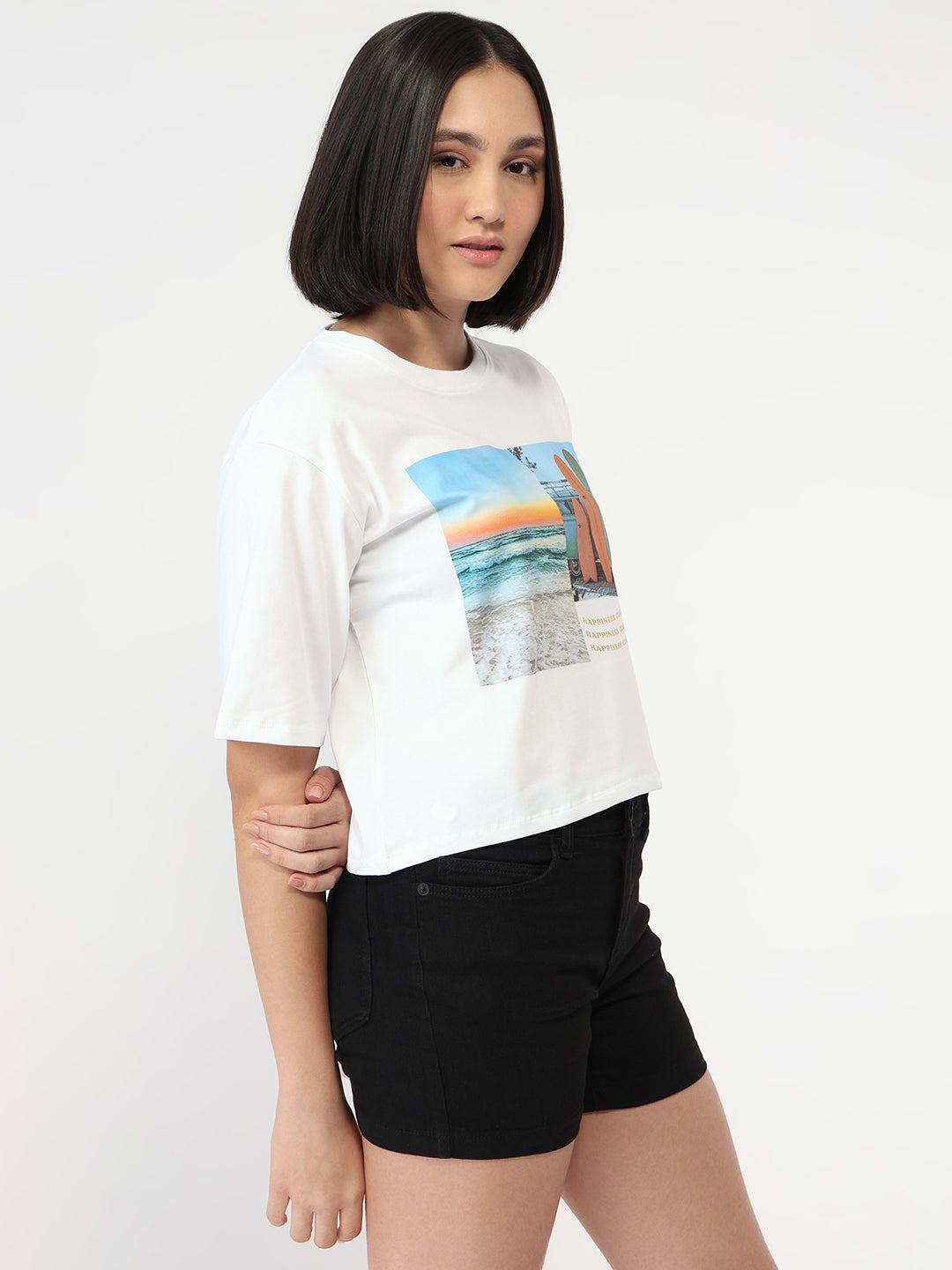 Women White Slim Fit Crop T-Shirt