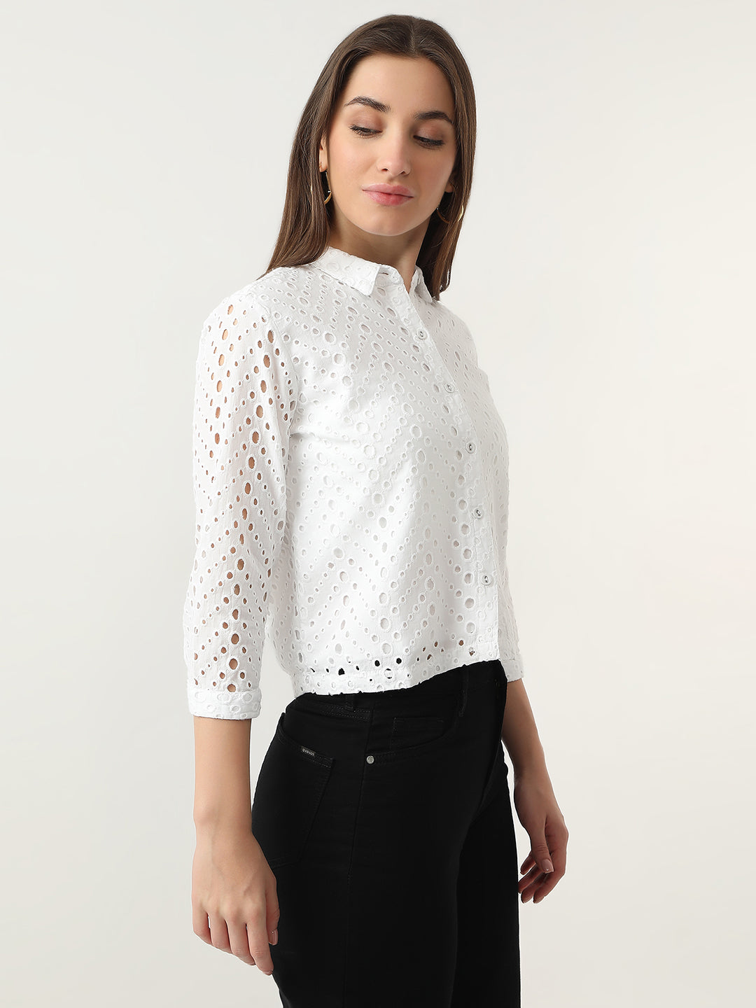 Women Bleach White Crop Schiffli Shirt