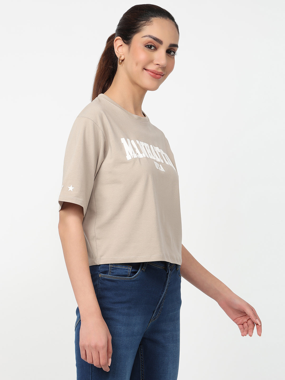 Women Light Oyester Graphic Crop Tees