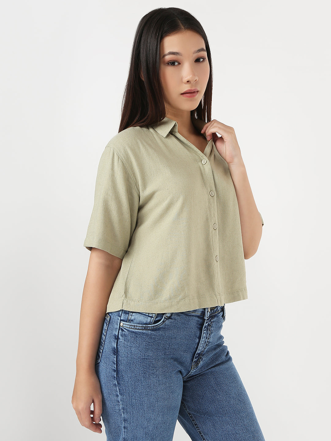Women Light Olive Slim Crop Shirt