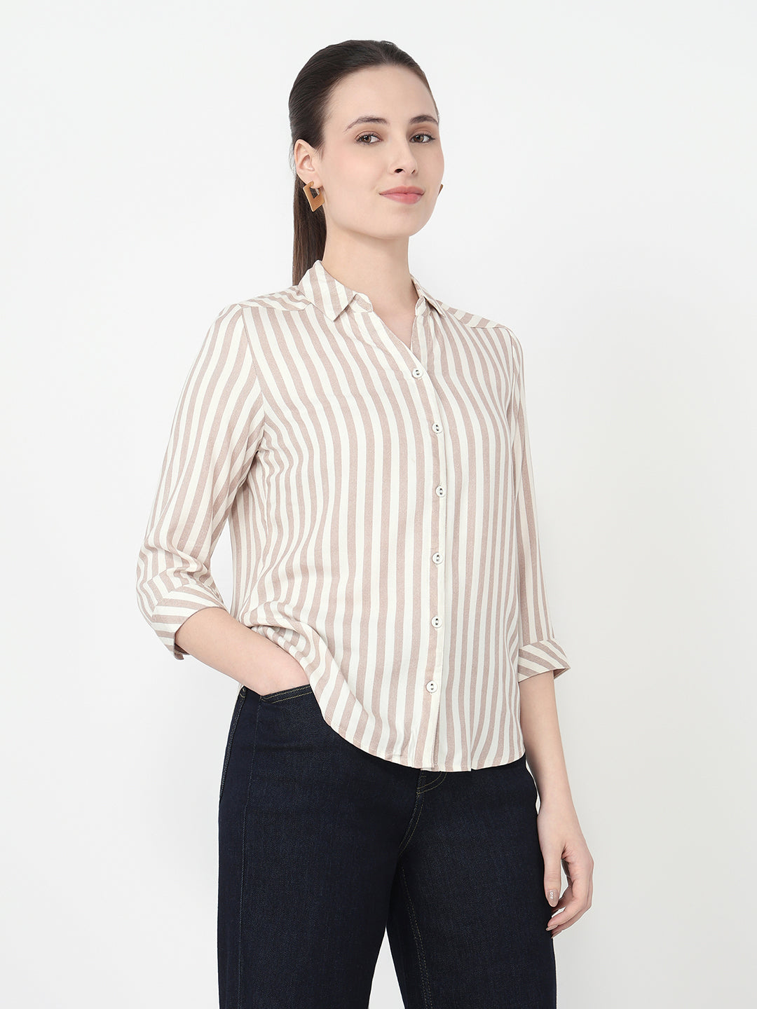 Women Brown/White Slim Fit Shirt