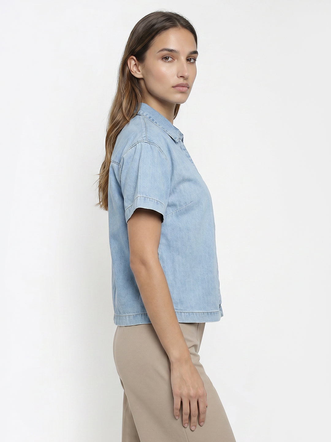 Women Light Blue Crop Shirt