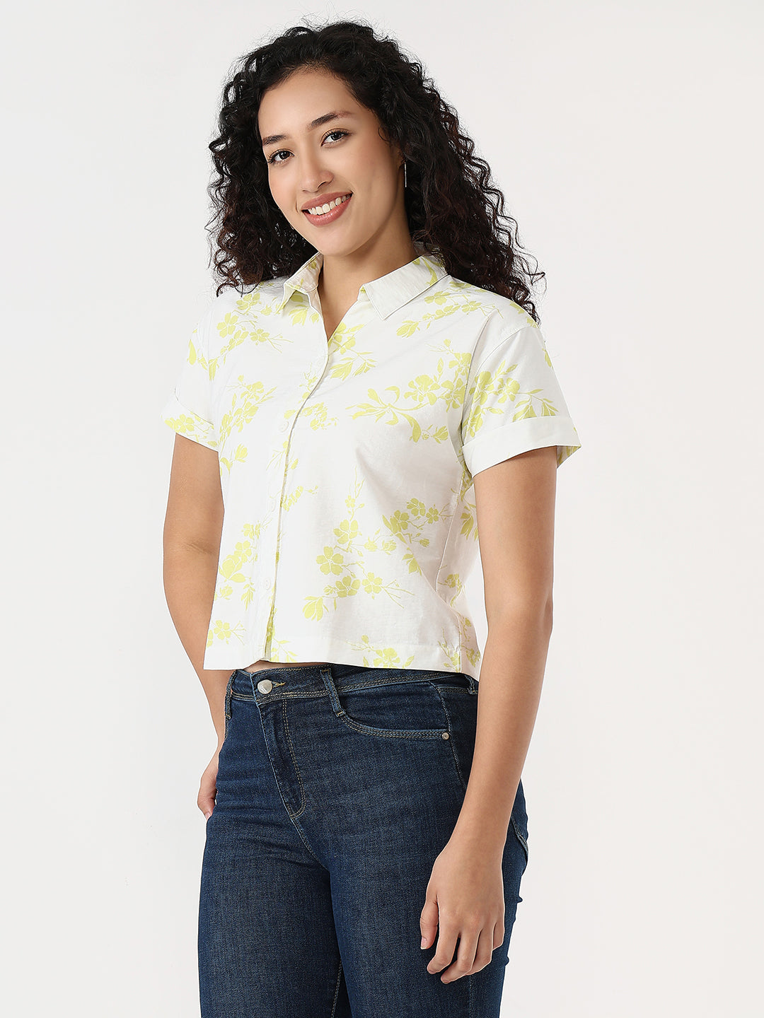 Women Lime/White Slim Crop Shirt