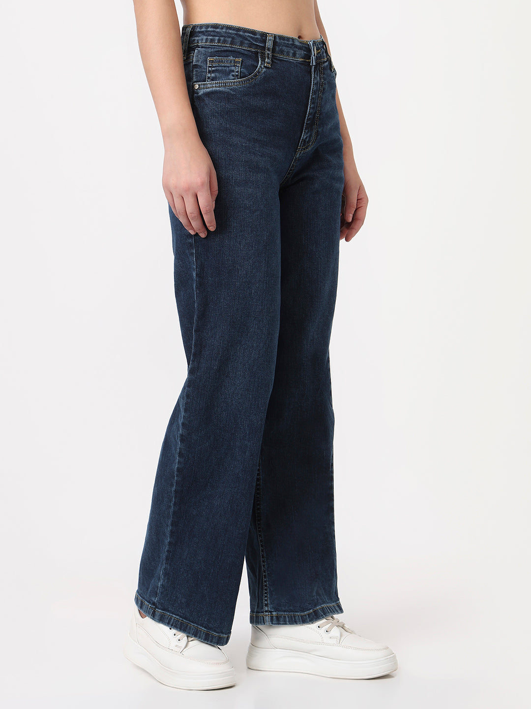 Women Dark Blue High-Rise Wide Leg Jeans