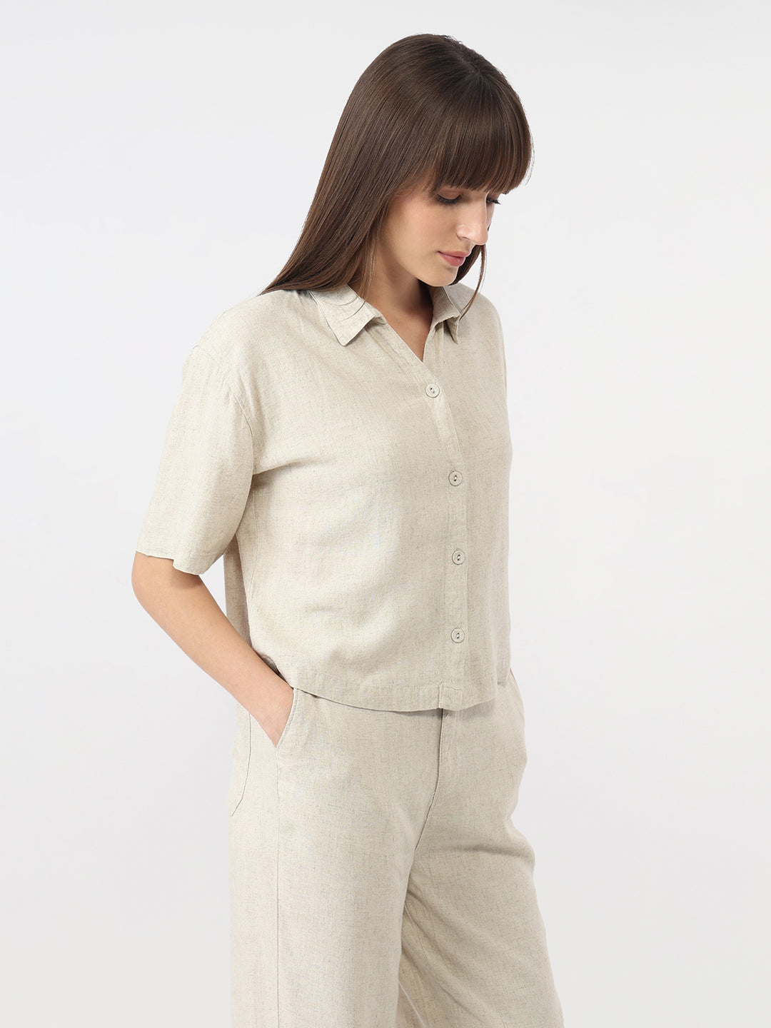 Women Light Natural Slim Crop Shirt