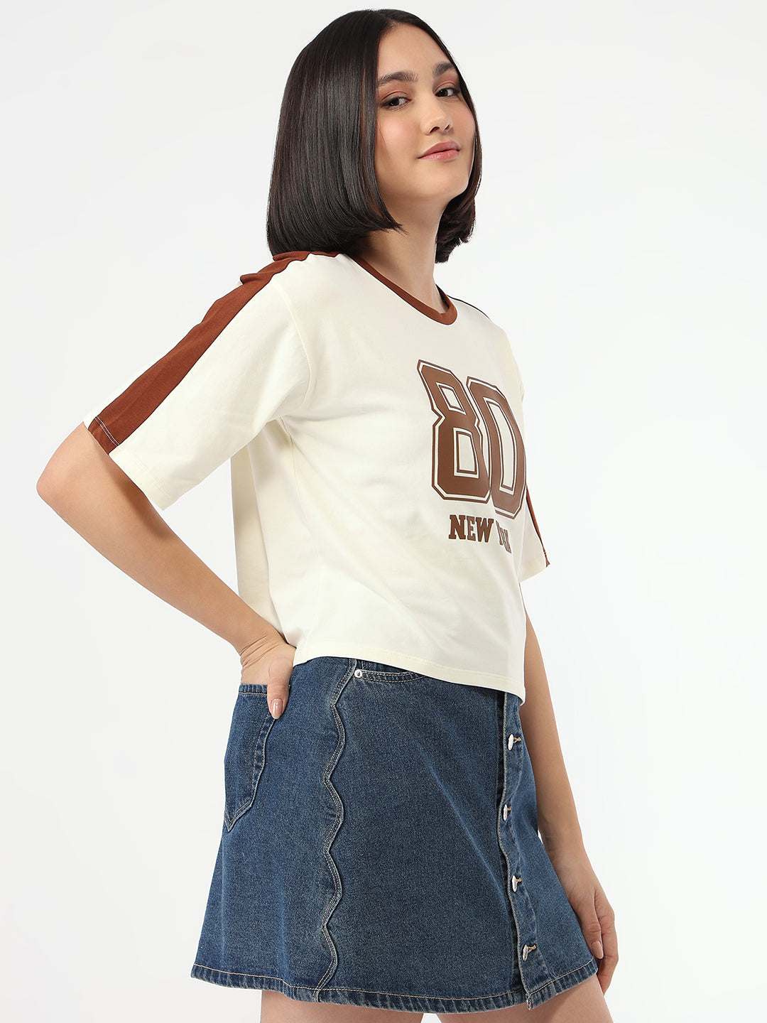 Women Ivory Slim Fit Crop T-Shirt
