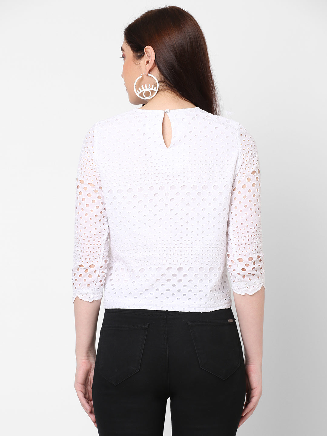 Women Schiffli Embroidered Slim Fit Crop Top