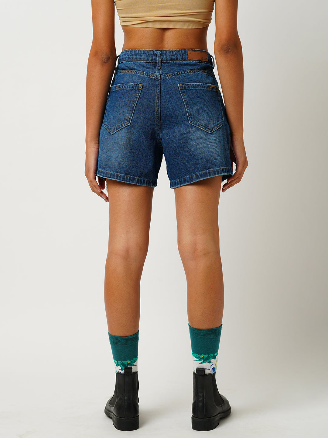 Women Dark Blue High-Rise Slim Shorts