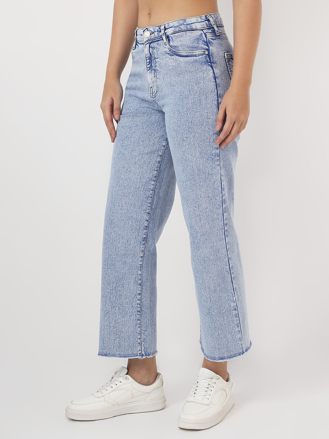 Women Light Blue Crop Wide Leg Jeans