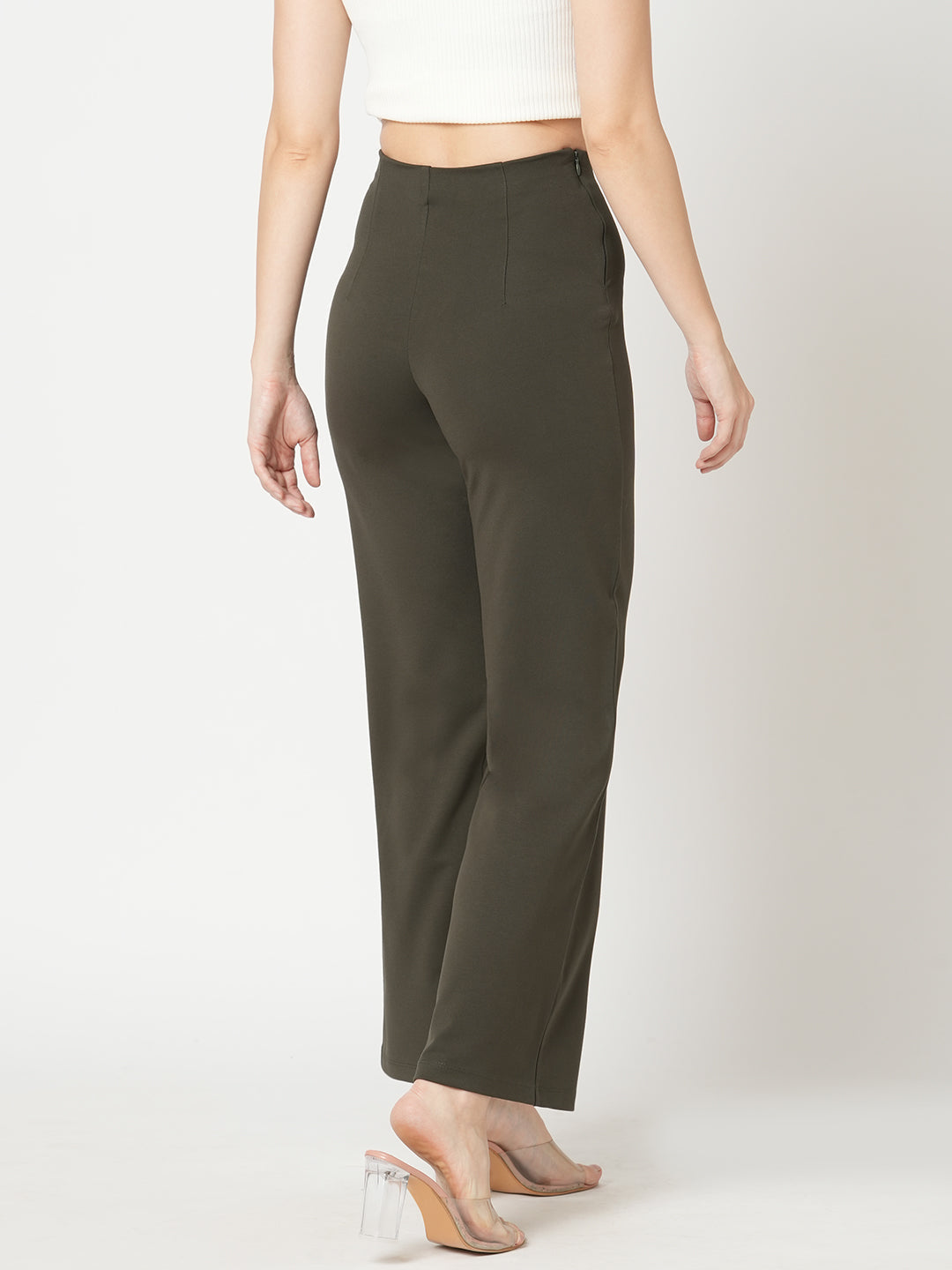 Women Olive Straight Wide Leg Treggings