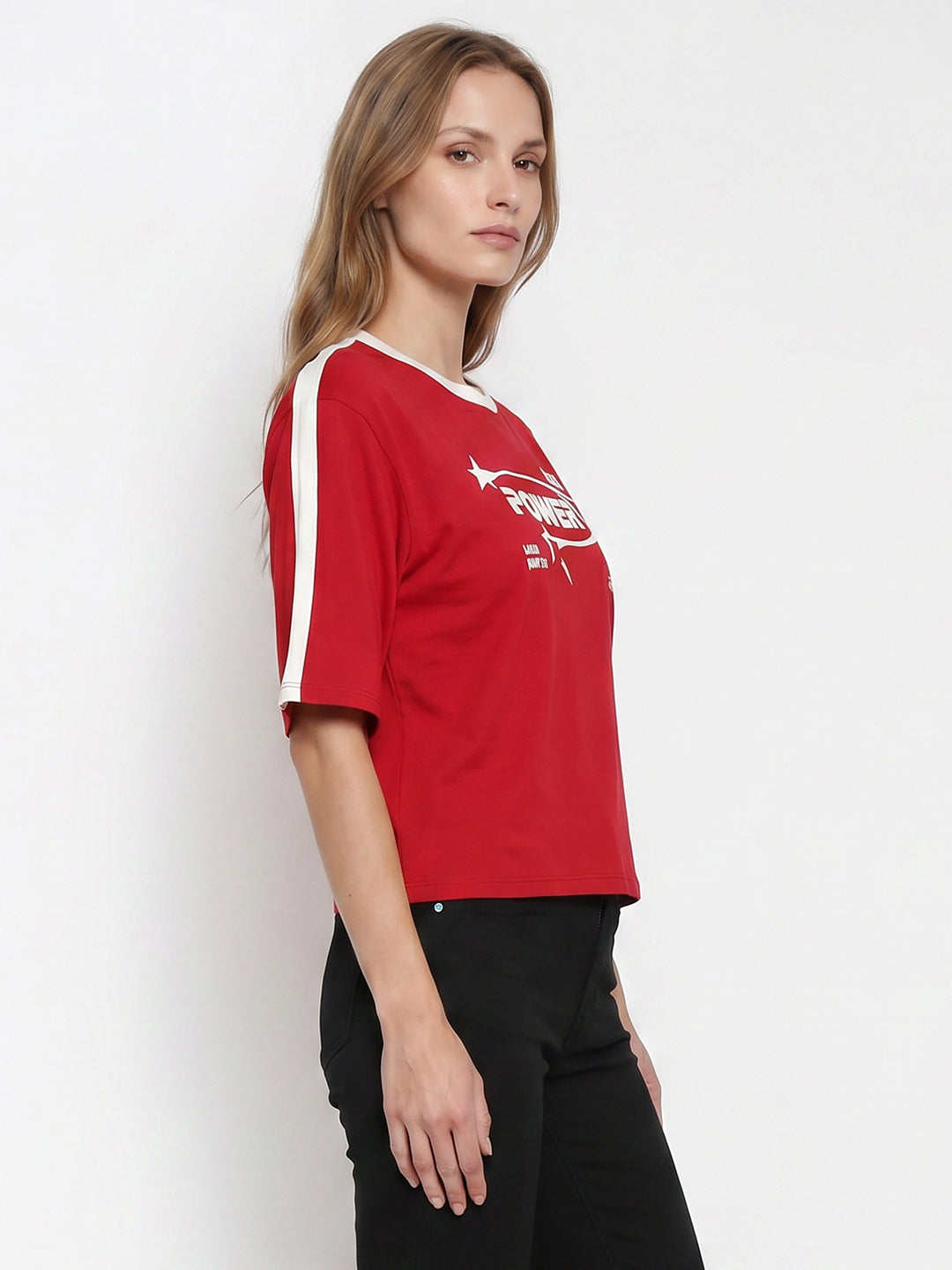 Women Red Graphic Crop Genz Tees