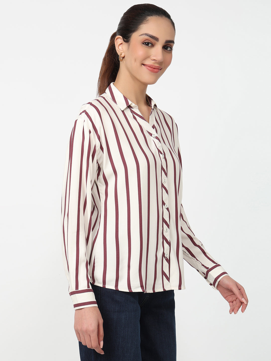 Women White/Mauve Striped Shirt