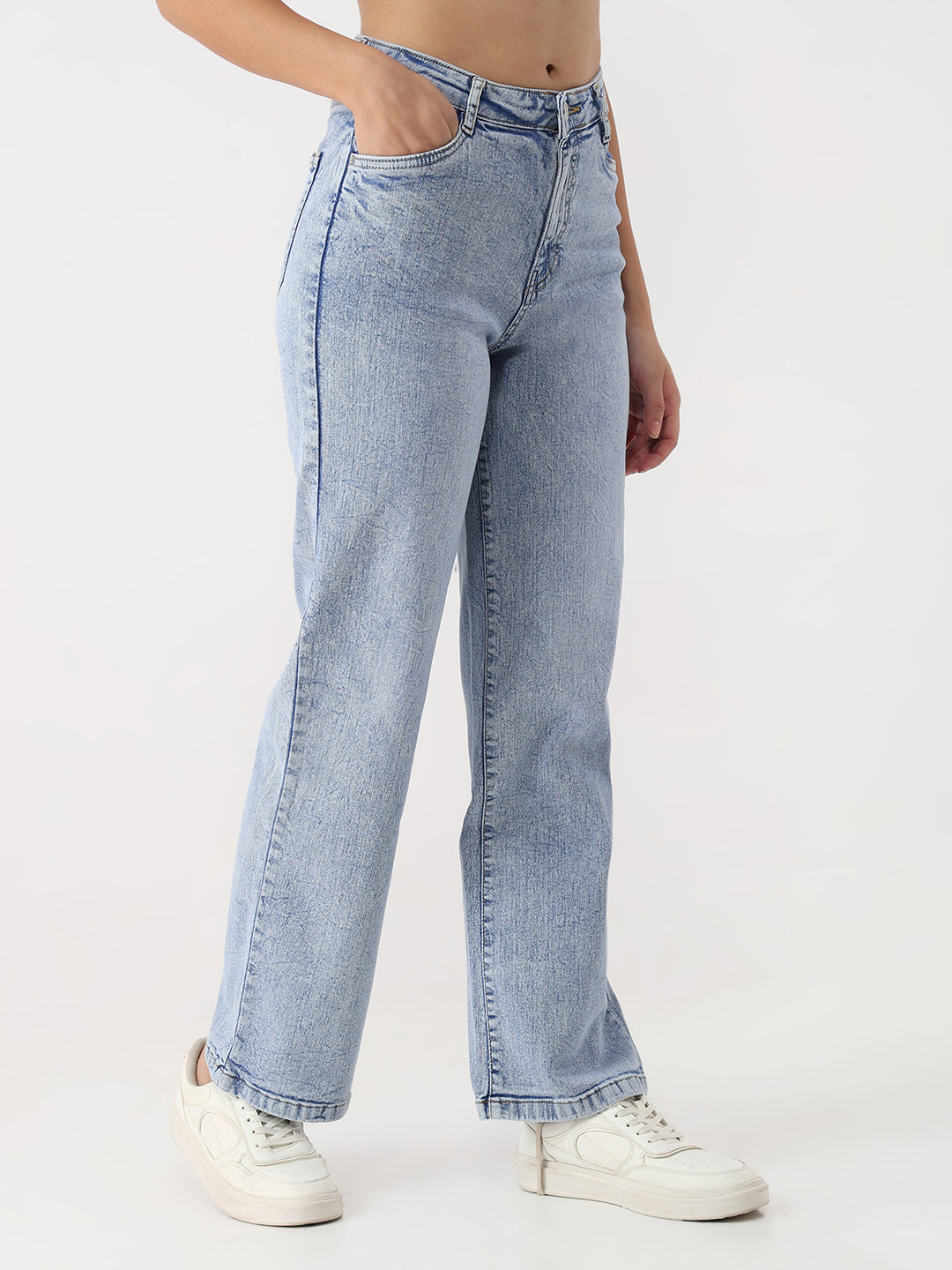 Women Light Blue Wide Leg Jeans
