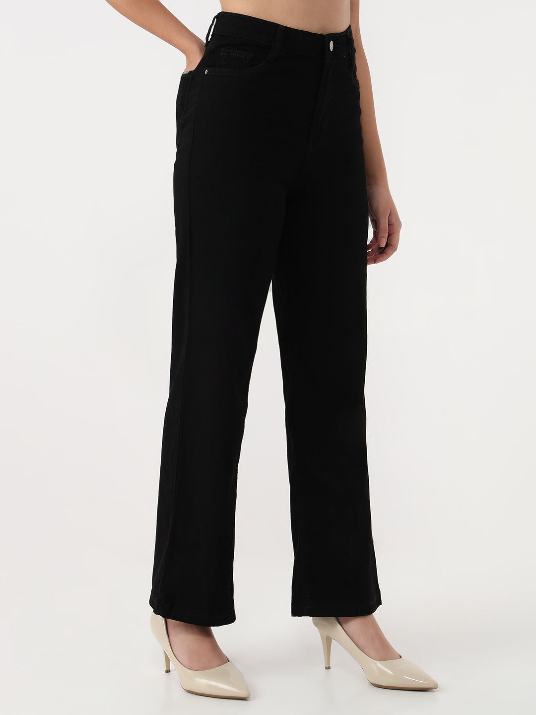 Women Solid Wide Leg Jeans
