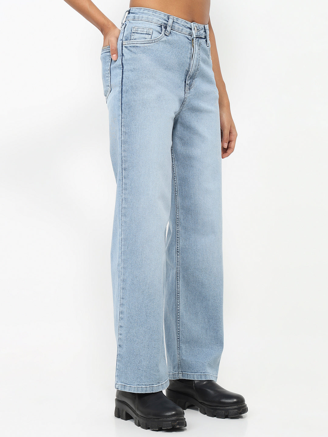 Women Light Blue High-Rise Wide Leg Jeans