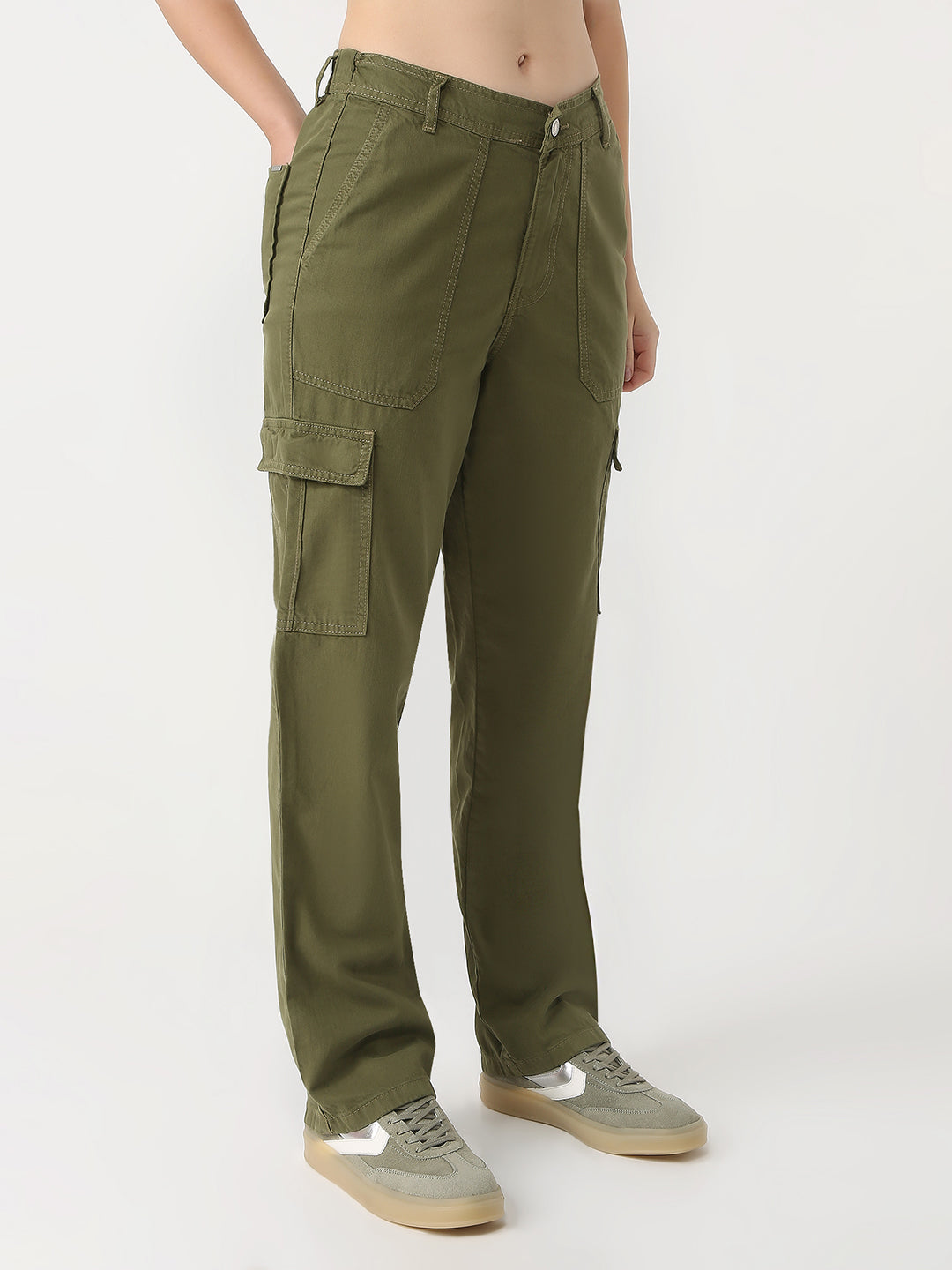 Women Olive High-Rise Cargo