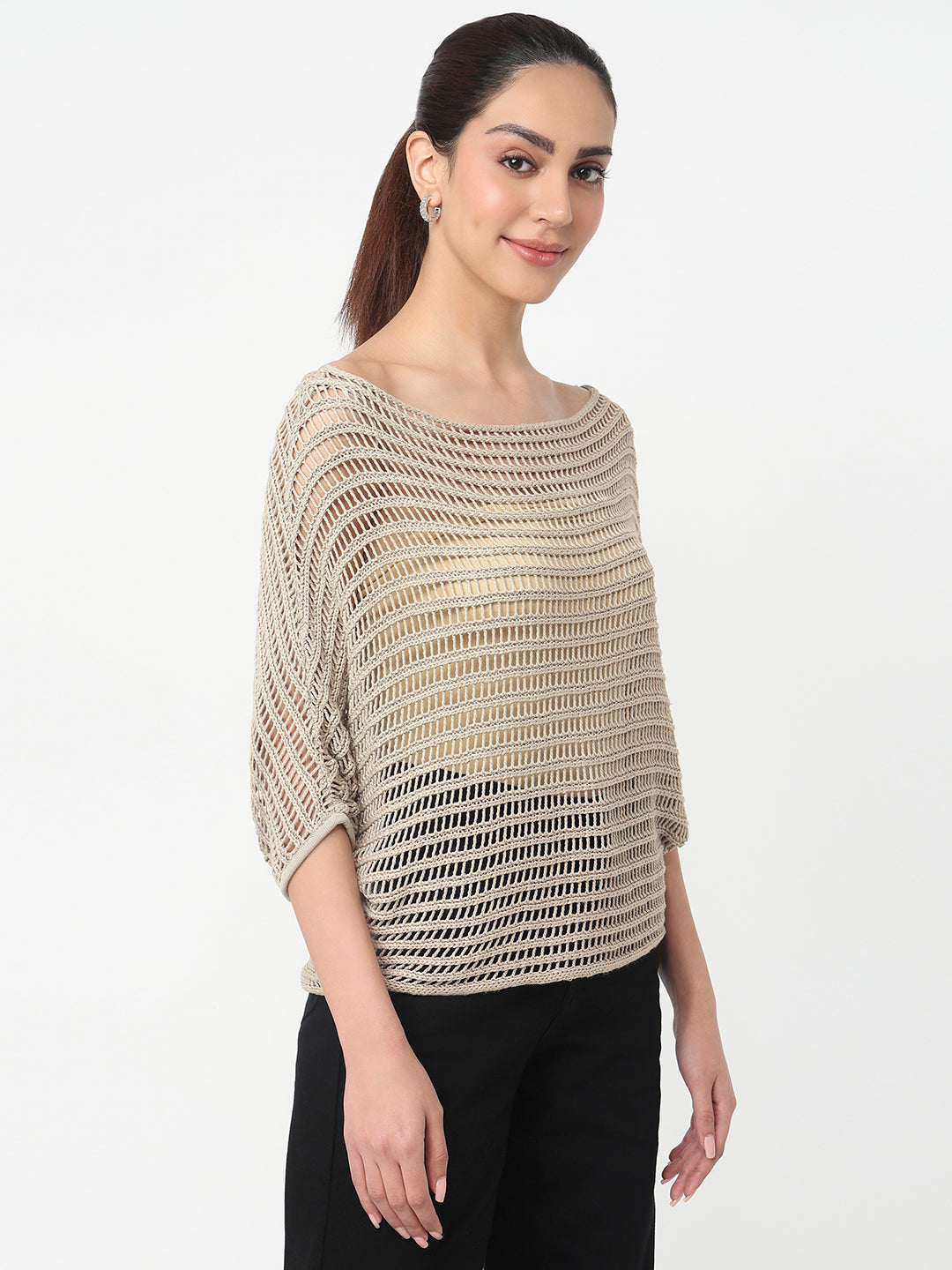 Women Champagne Slim Fit Batsleeve Top