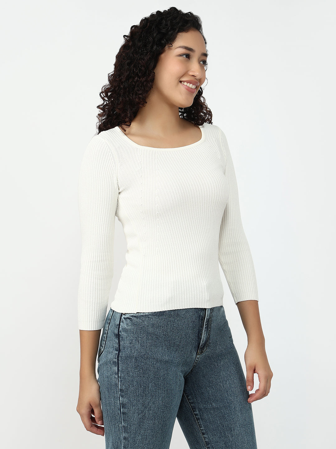 Women Off White Slim Fit Flat Knit
