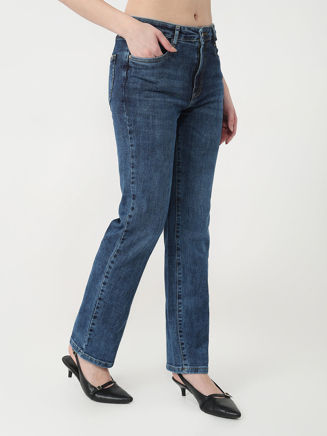Women Blue High-Rise Slim Straight Jeans