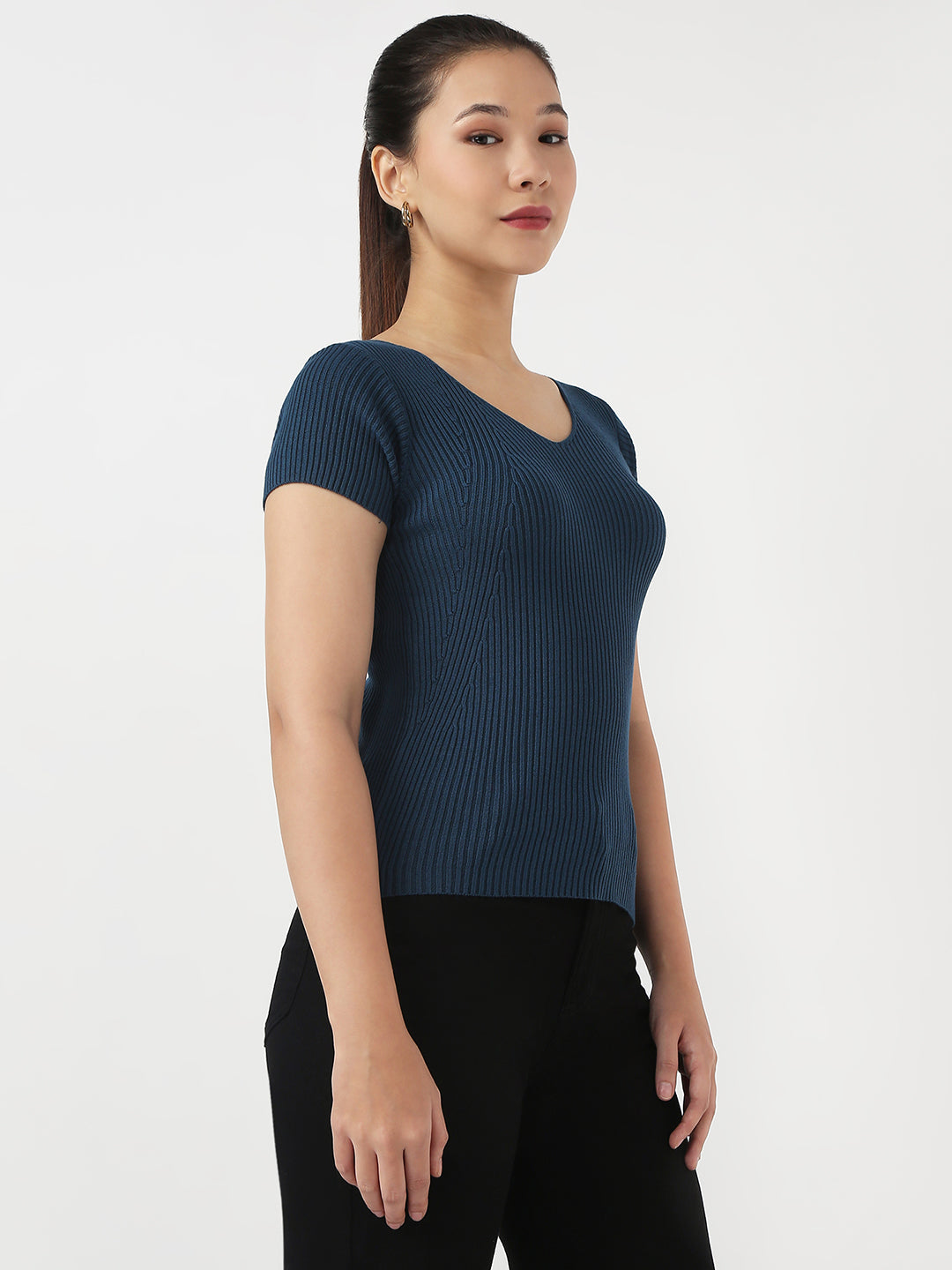 Women Teal Slim Flat Knit