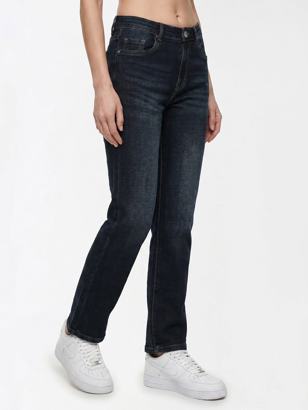 Women Dark Blue High-Rise Slim Straight Fit Jeans