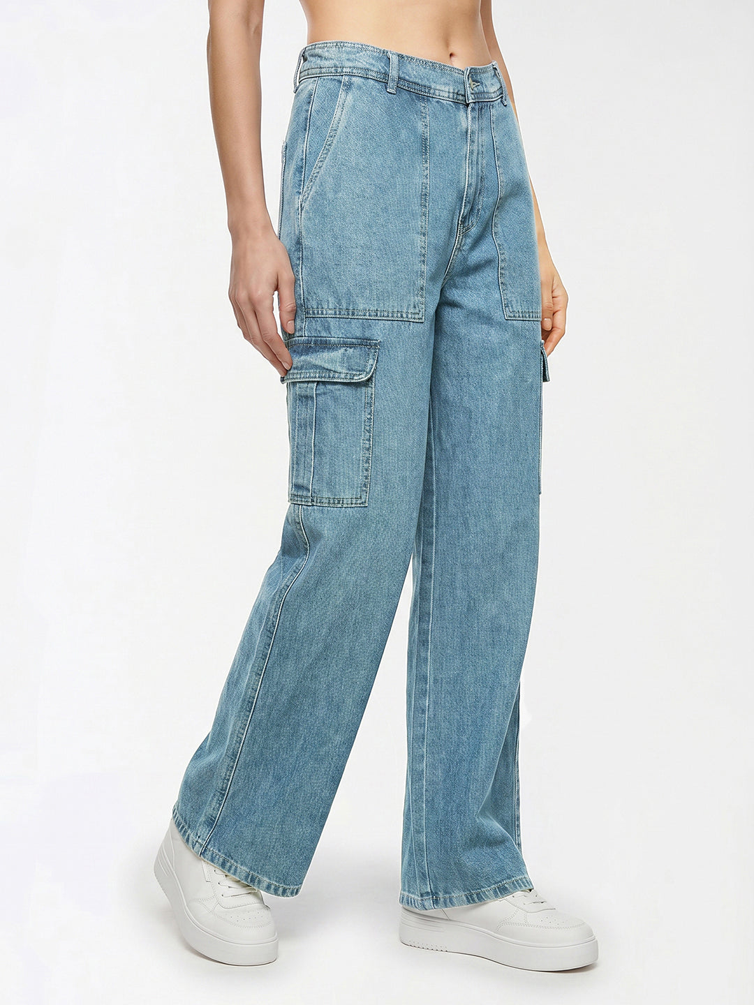 Women Light Blue Mid-Rise Cargo