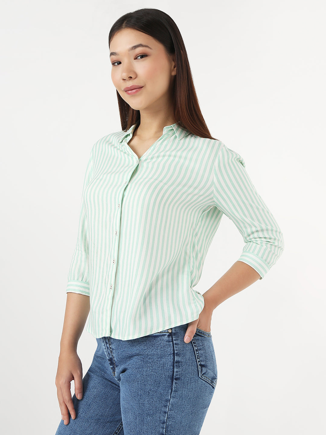 Women Mint & White Slim Stripe Shirt