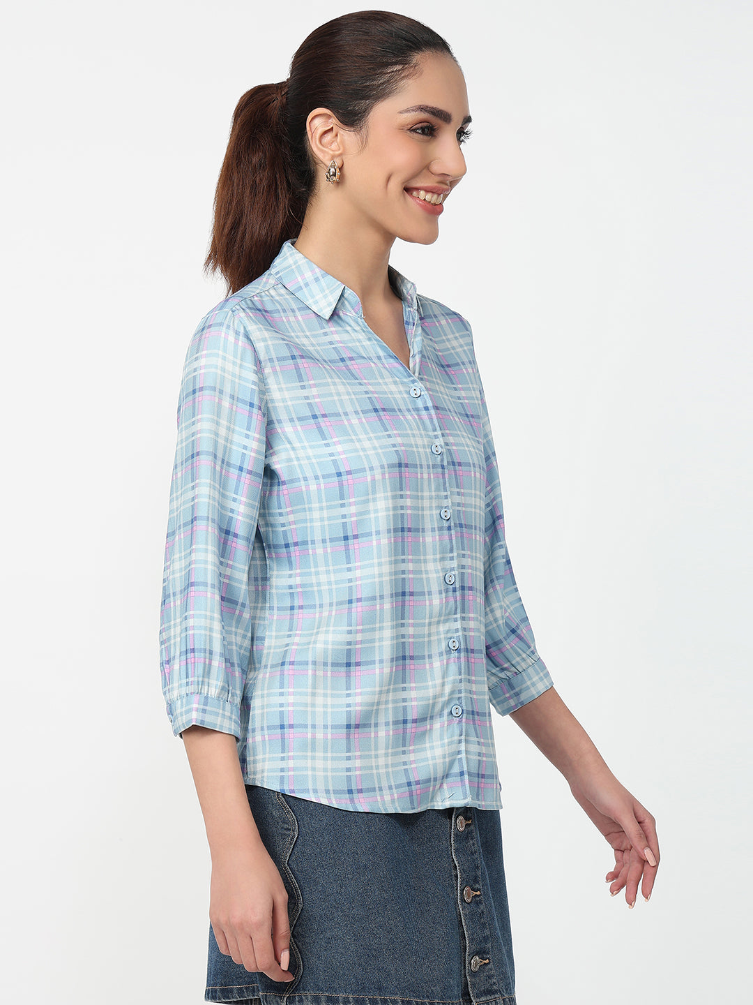 Women Powder Blue Checked Shirt