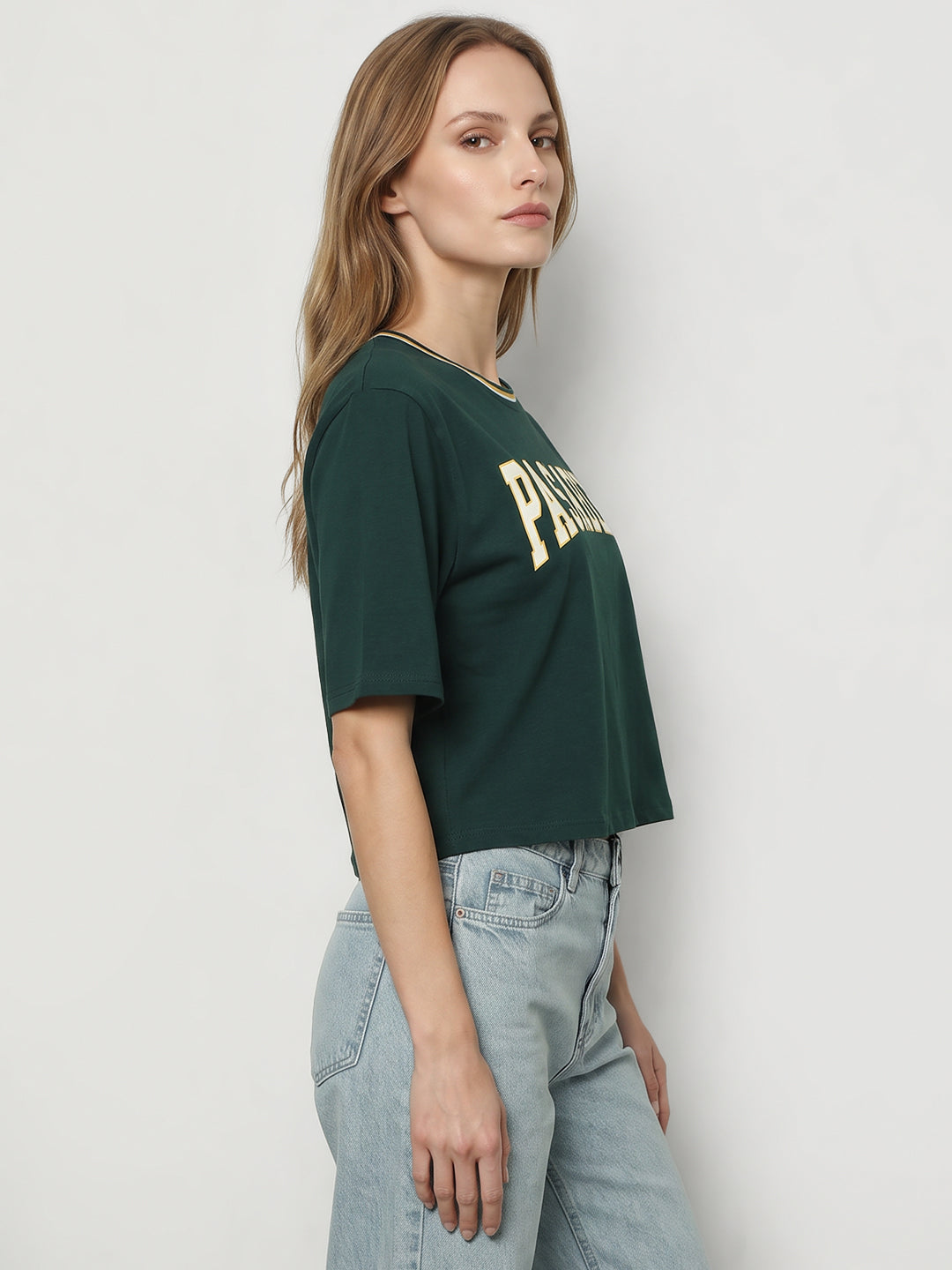 Women Bottle Green Graphic Crop Tees