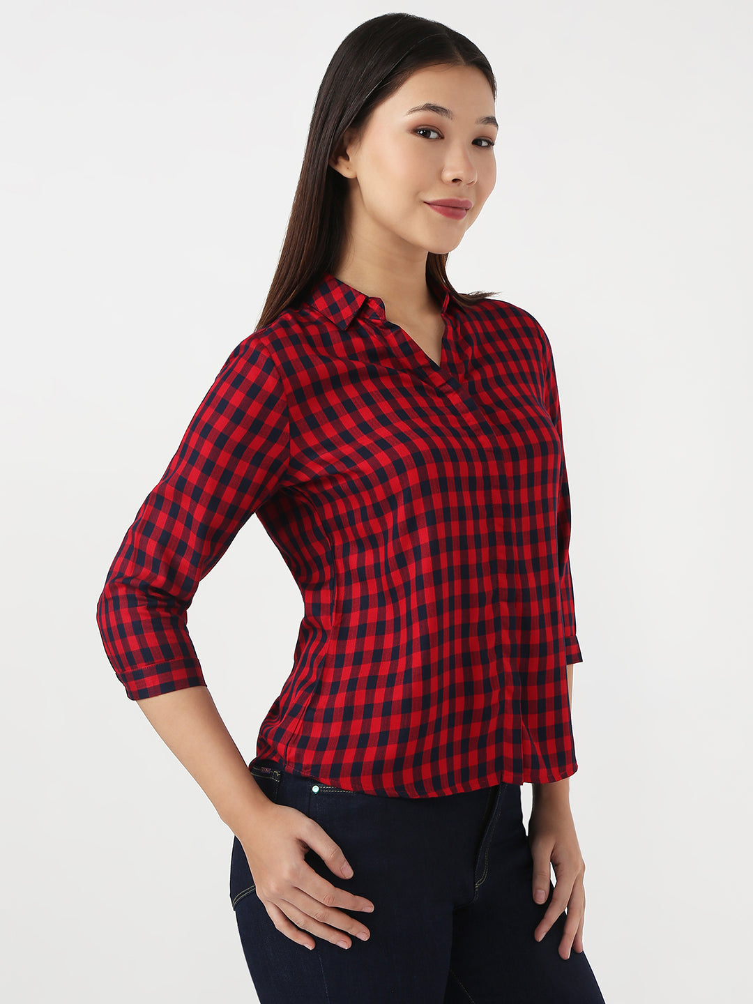 Women Red & Navy Slim Checks Shirt