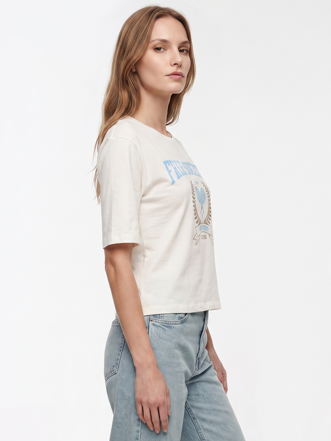 Women Off White Graphic Crop Tees