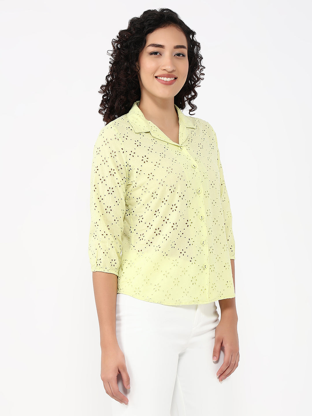 Women Lime Slim Fit Schiffli Shirt
