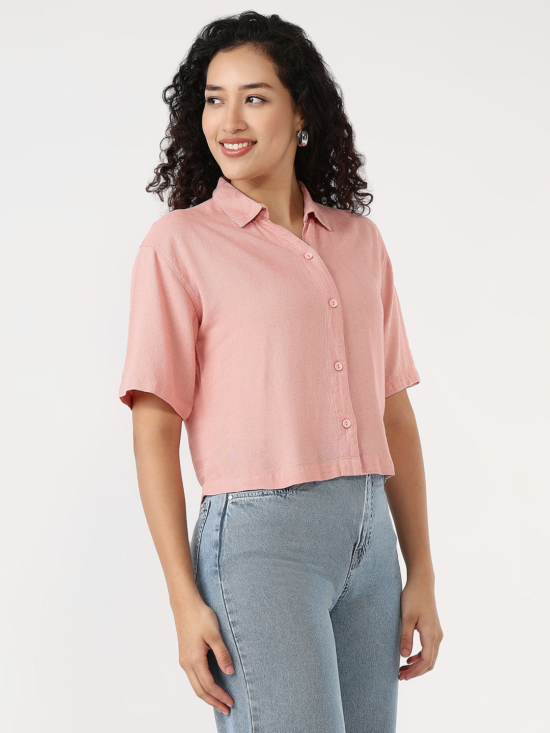 Women Blush Pink Slim Crop Shirt