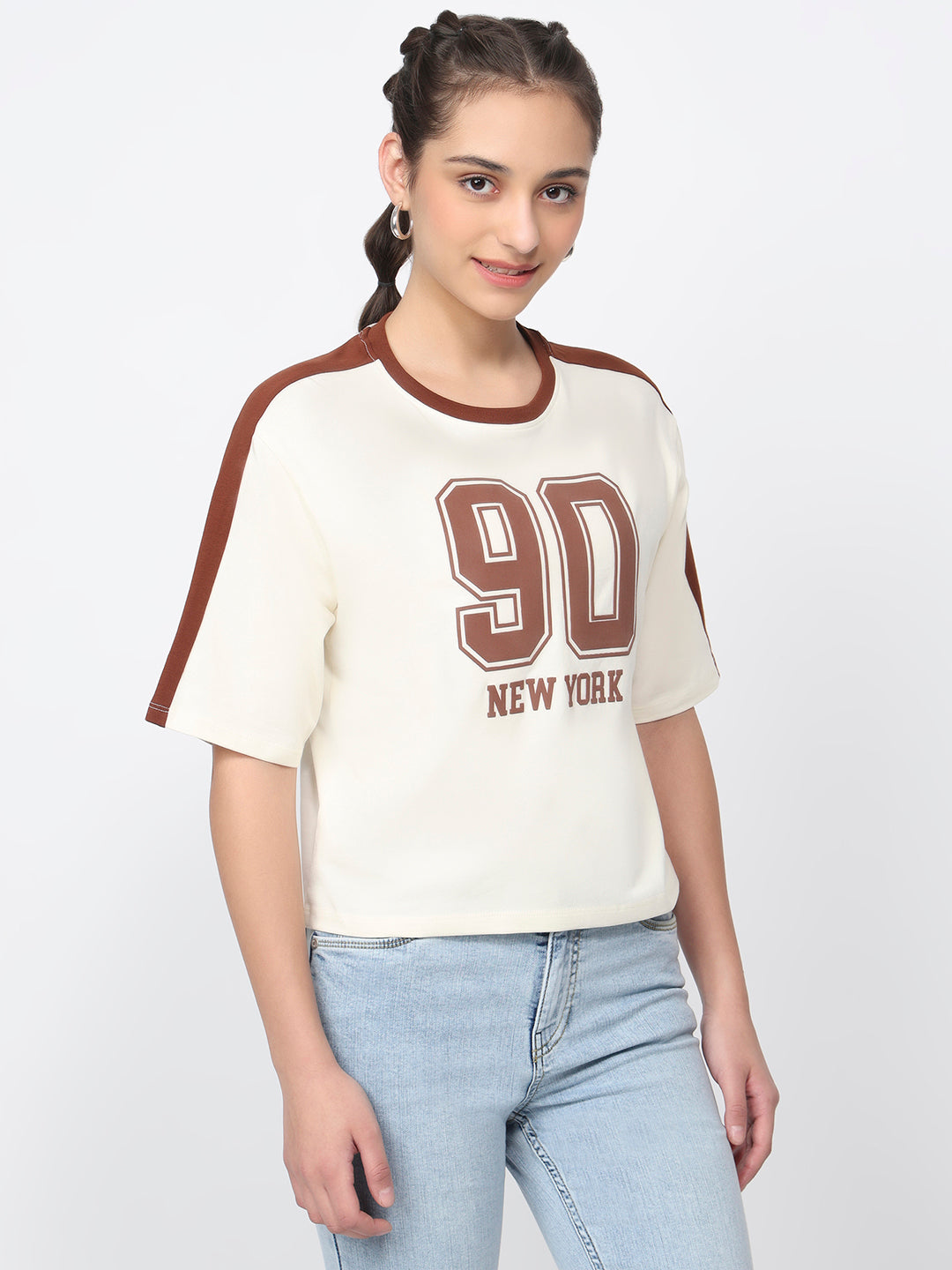 Women Ivory Graphic Crop Tees