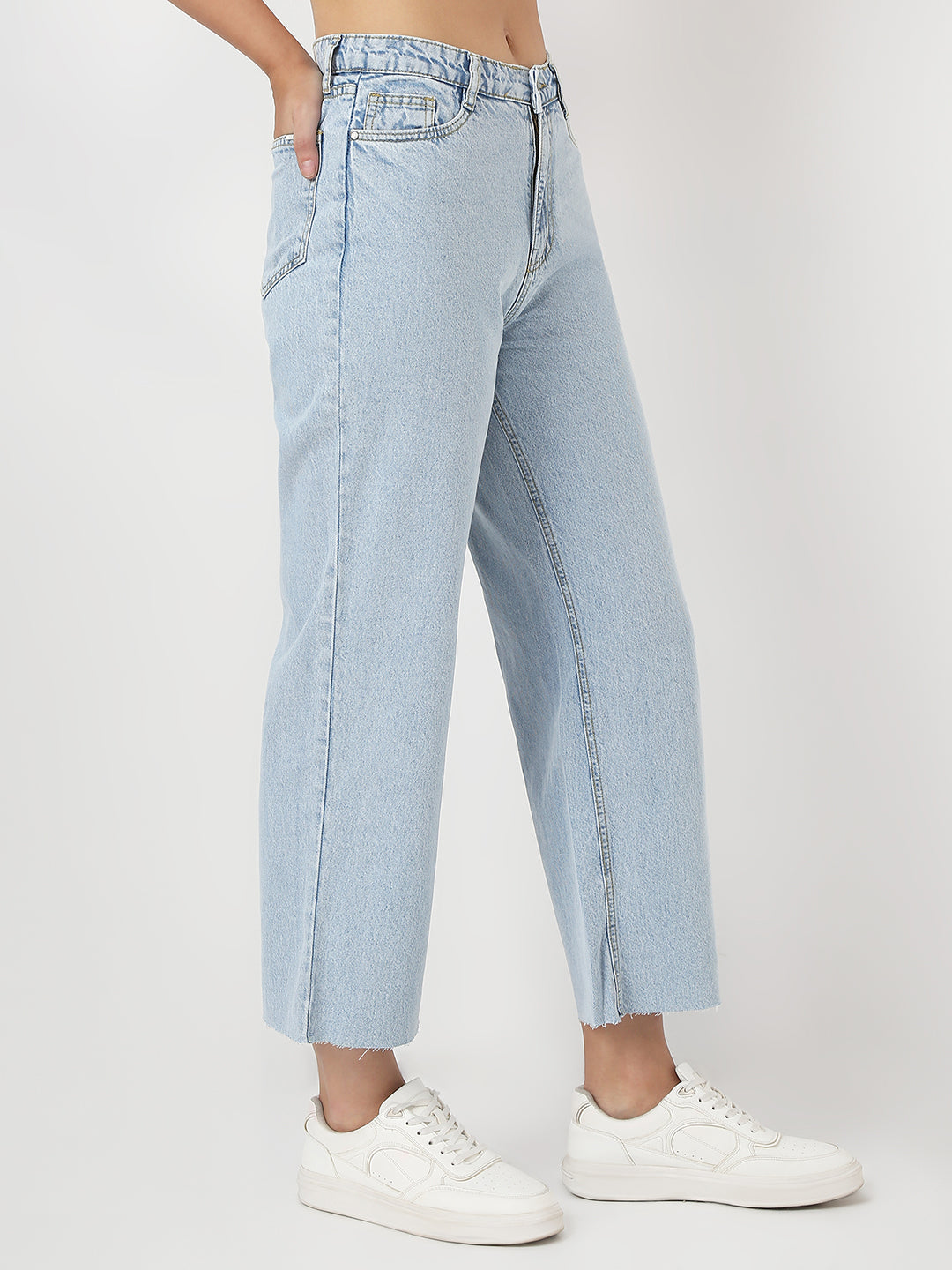 Women Light Blue Crop Wide Leg Jeans