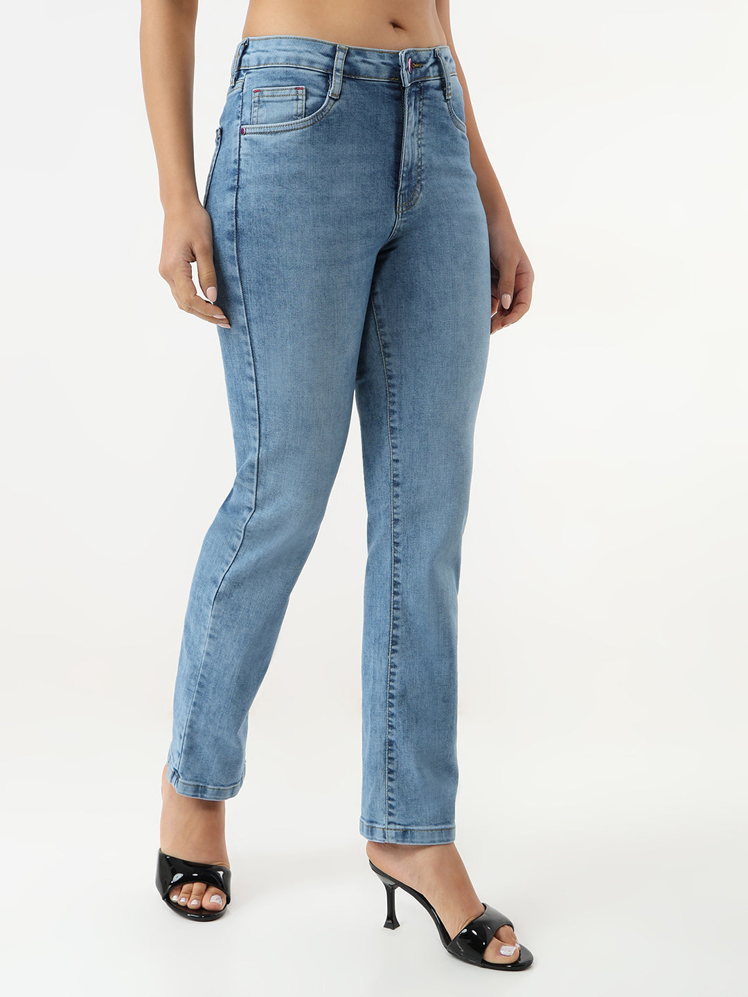 Women Blue High-Rise Slim Straight Jeans