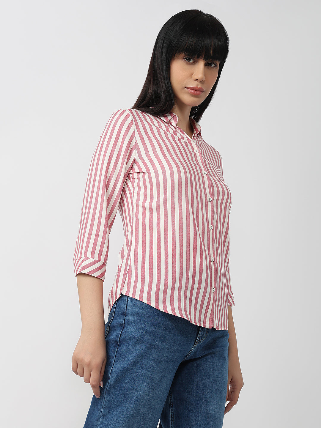 Women Dusty Pink/White Slim Fit Shirt