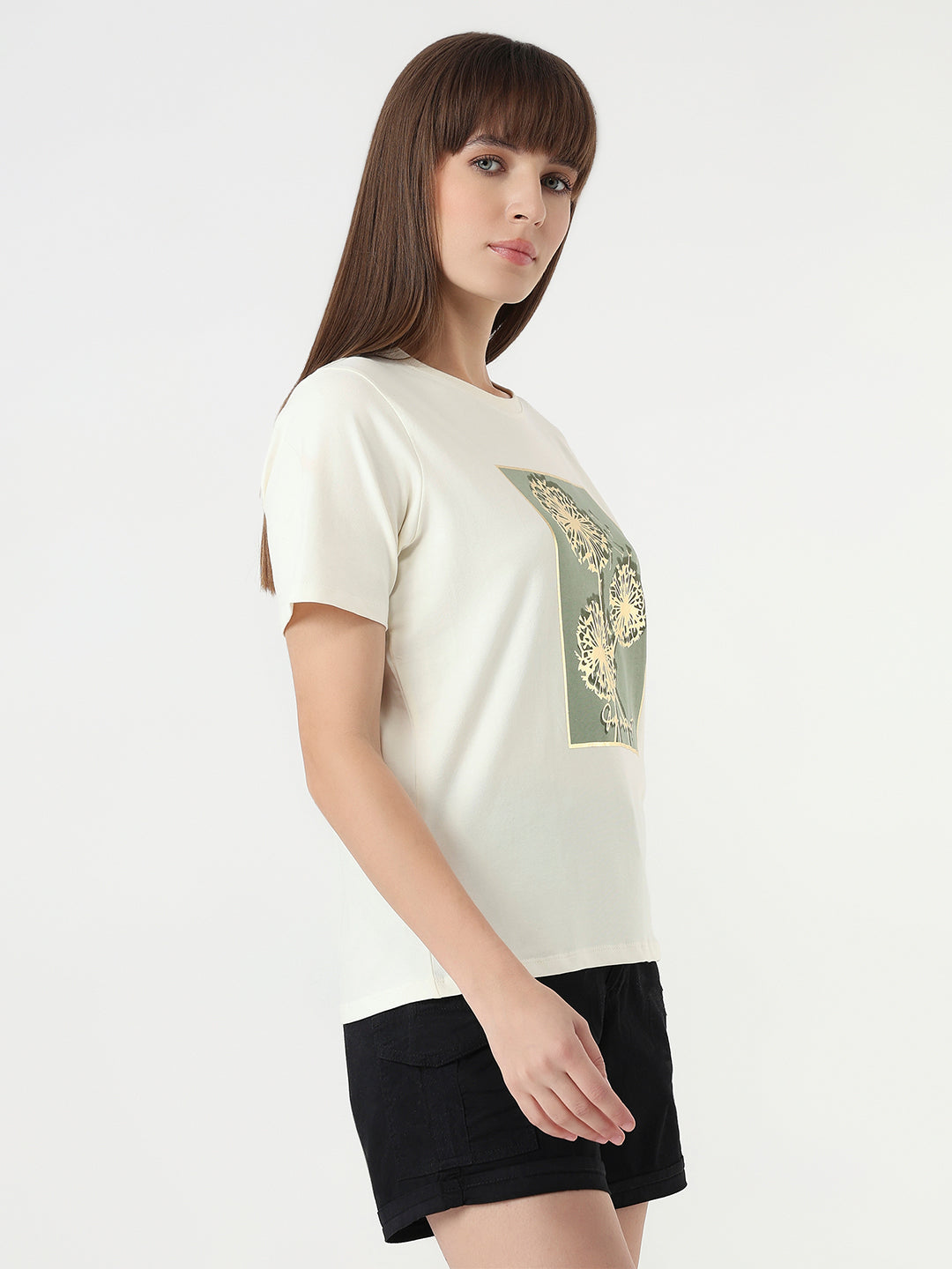 Women Ivory Slim Fit Graphic T-Shirt