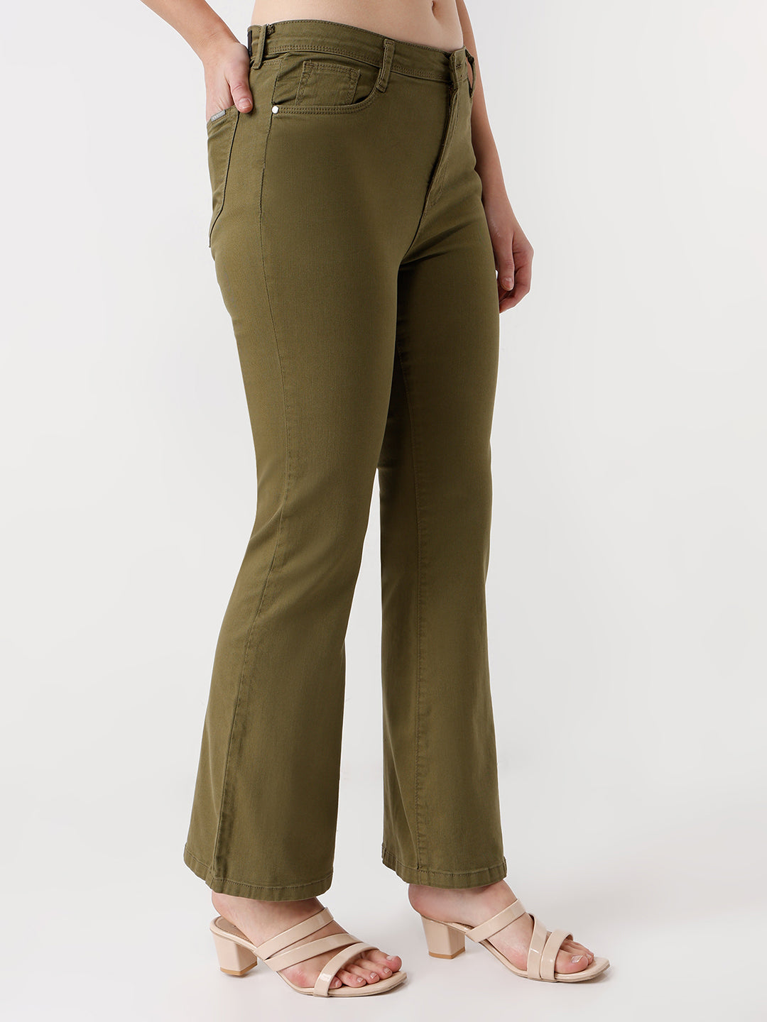 Women Olive High-Rise Flare Jeans