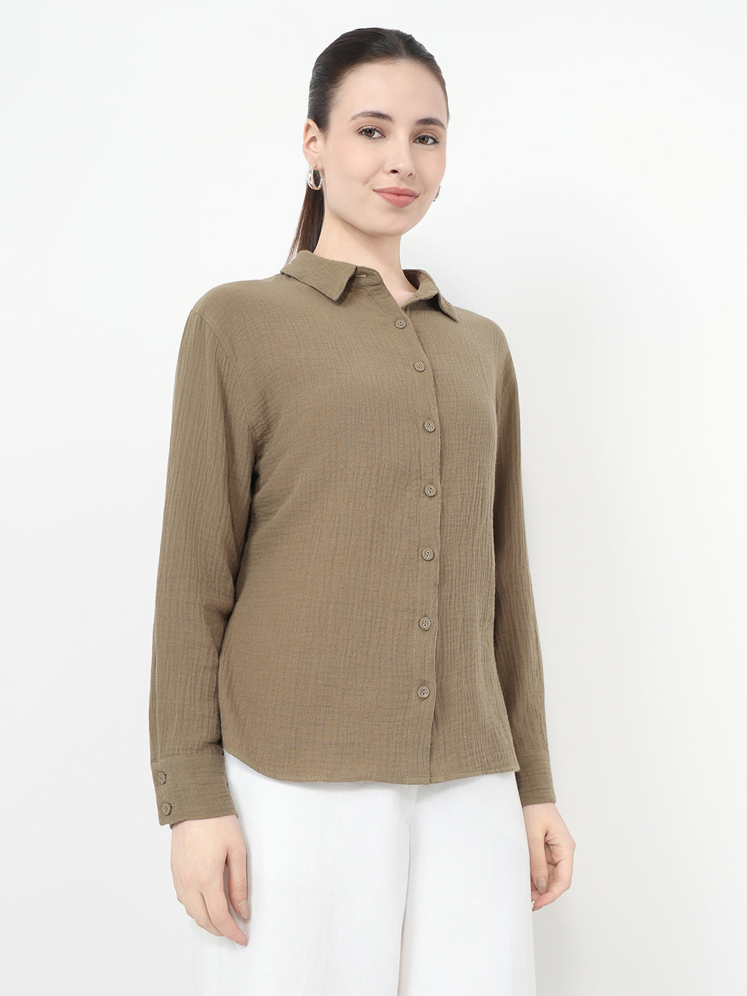 Women Olive Slim Fit Oversized Shirt