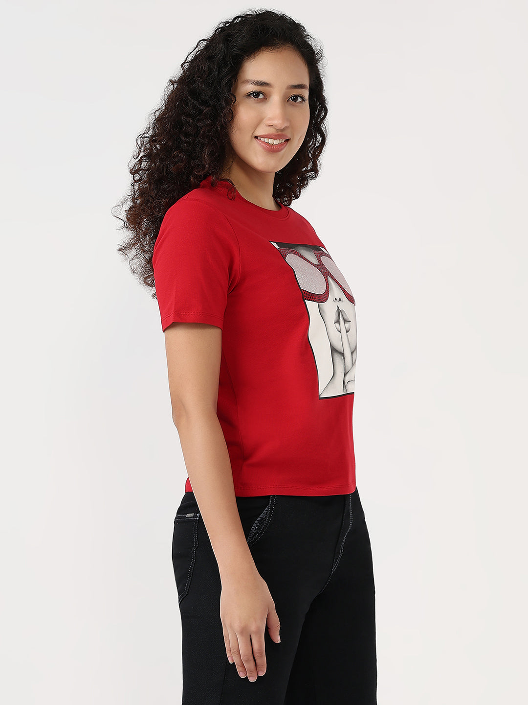 Women Red Slim Graphic T-Shirt