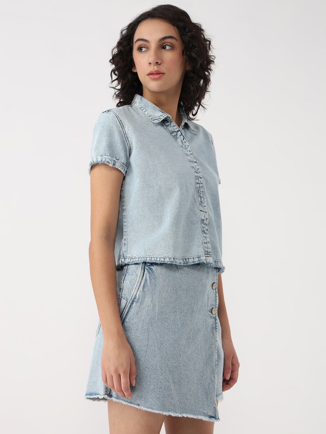 Women Light Blue Slim Crop Shirt Denim